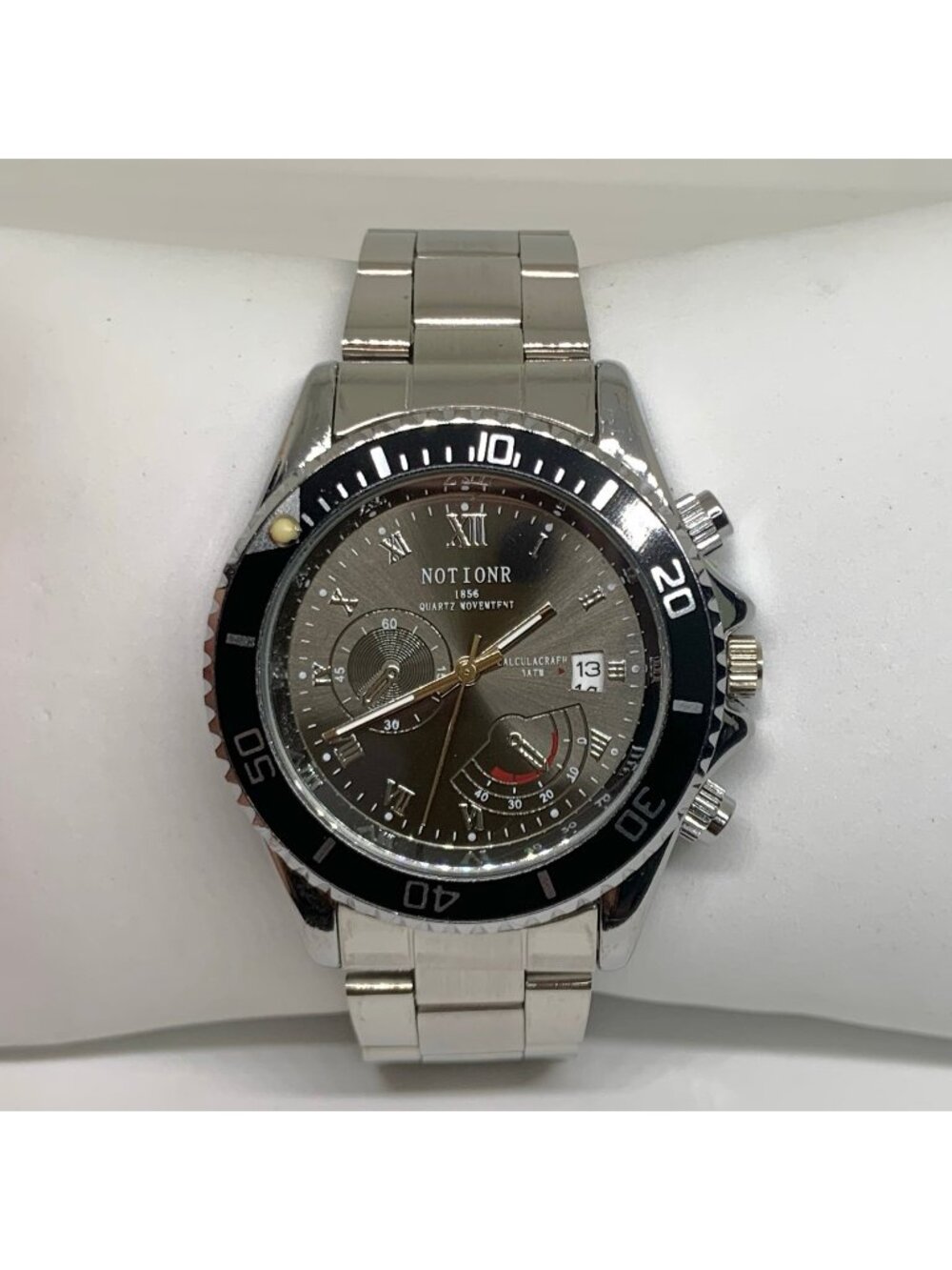 Notionr Men Watch silver tone Date Quartz black dial 41mm up to 8” running